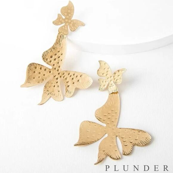 New Plunder "Reign" Antiqued Gold Butterfly Earrings (4") - Picture 1 of 7